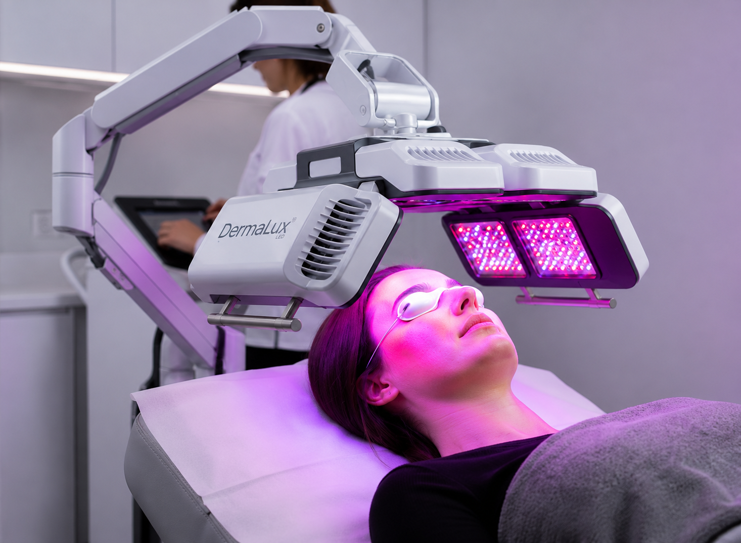 Client under a Dermalux Tri-Wave MD LED phototherapy canopy at Precious Moments Beauty Clinic, Banstead