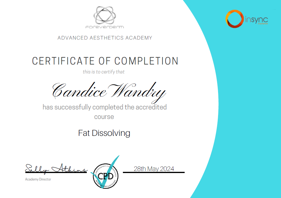 Certificate of completion, Fat Dissolving, awarded to Candice Wandry by Foreverderm Advanced Aesthetics Academy