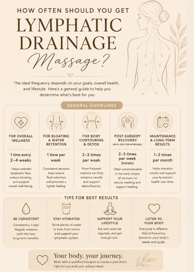 How often to get lymphatic drainage massage, 1x every 2–4 weeks for wellness, weekly for bloating, 2–3x weekly for body contouring and post-surgery recovery, 1–2x monthly for maintenance