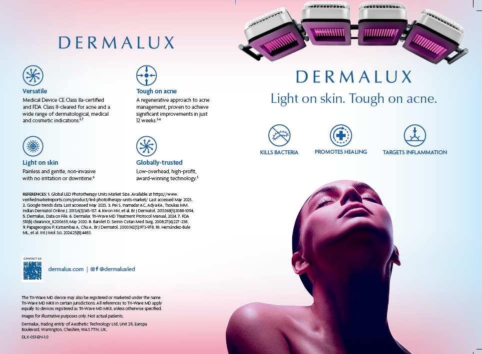 Dermalux Tri-Wave MD marketing visual showing red light phototherapy on a woman's face with the promise: light on skin, tough on acne, kills bacteria, promotes healing, targets inflammation