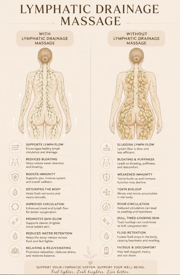 Lymphatic drainage massage comparison, with regular massage: healthy lymph flow, reduced bloating, boosted immunity, glowing skin; without: sluggish flow, puffiness, toxin buildup and fatigue