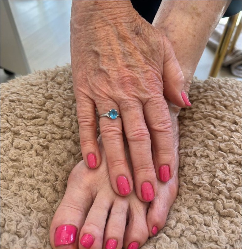 Matching bright pink gel manicure and pedicure at Precious Moments Beauty Clinic, Banstead