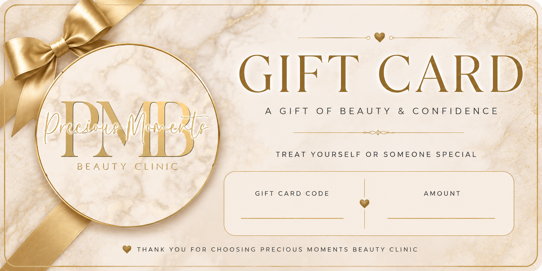 Precious Moments Beauty Clinic gift card with gold ribbon on marble background