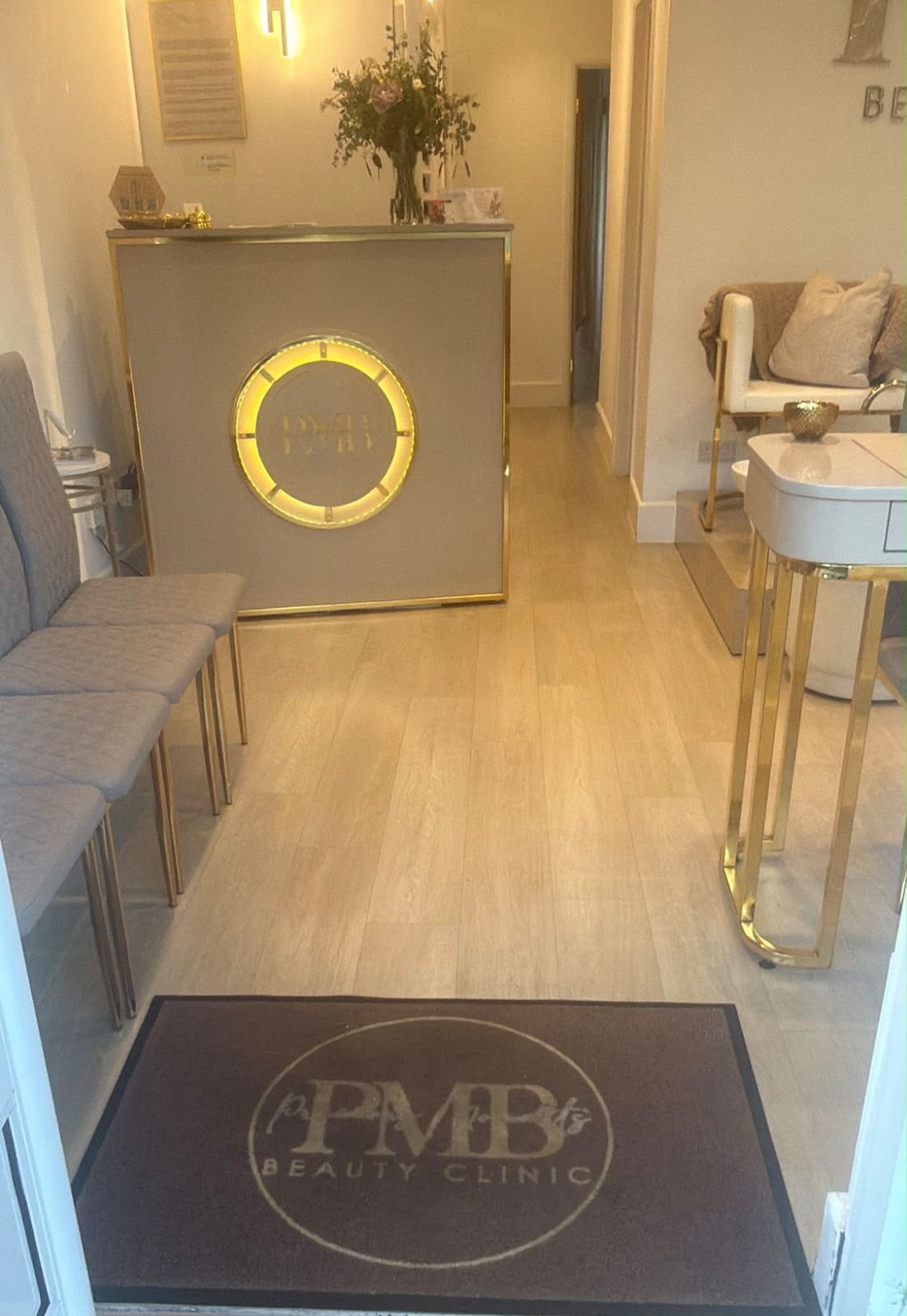 Clinic entrance hallway leading to reception at Precious Moments Beauty Clinic, 6 Eastgate, Banstead