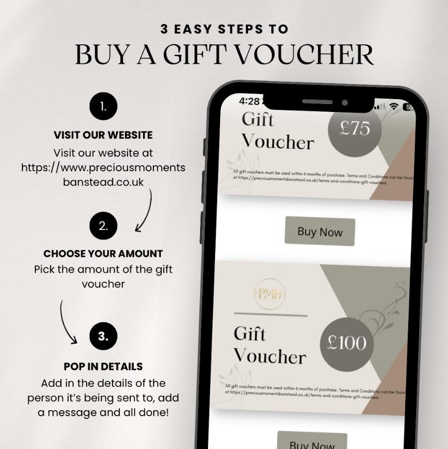 Three easy steps to buy a Precious Moments Beauty Clinic gift voucher on mobile