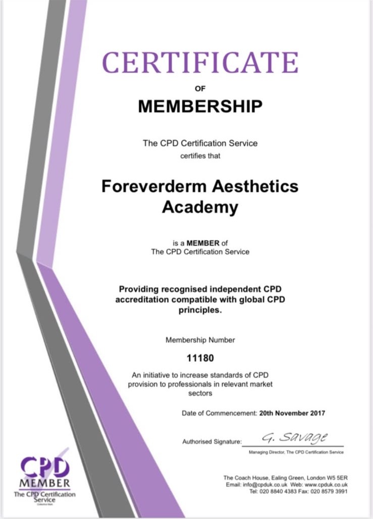 Certificate of Membership from The CPD Certification Service for Foreverderm Aesthetics Academy
