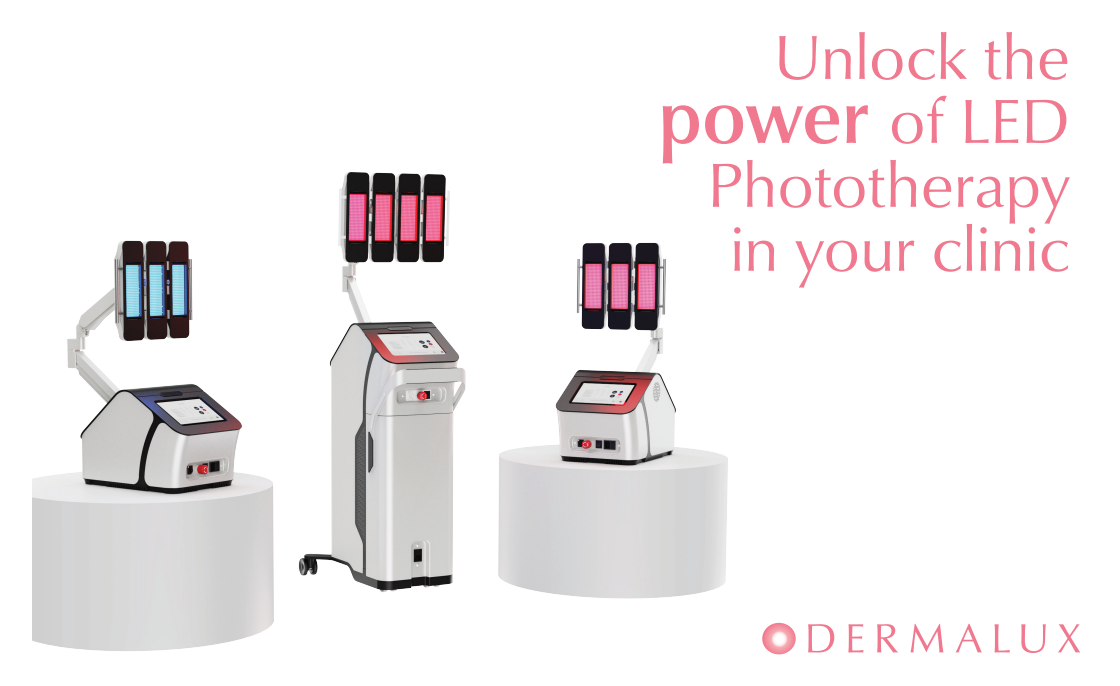 Three Dermalux Tri-Wave MD LED phototherapy units on plinths, the clinical LED technology used at Precious Moments Beauty Clinic in Banstead