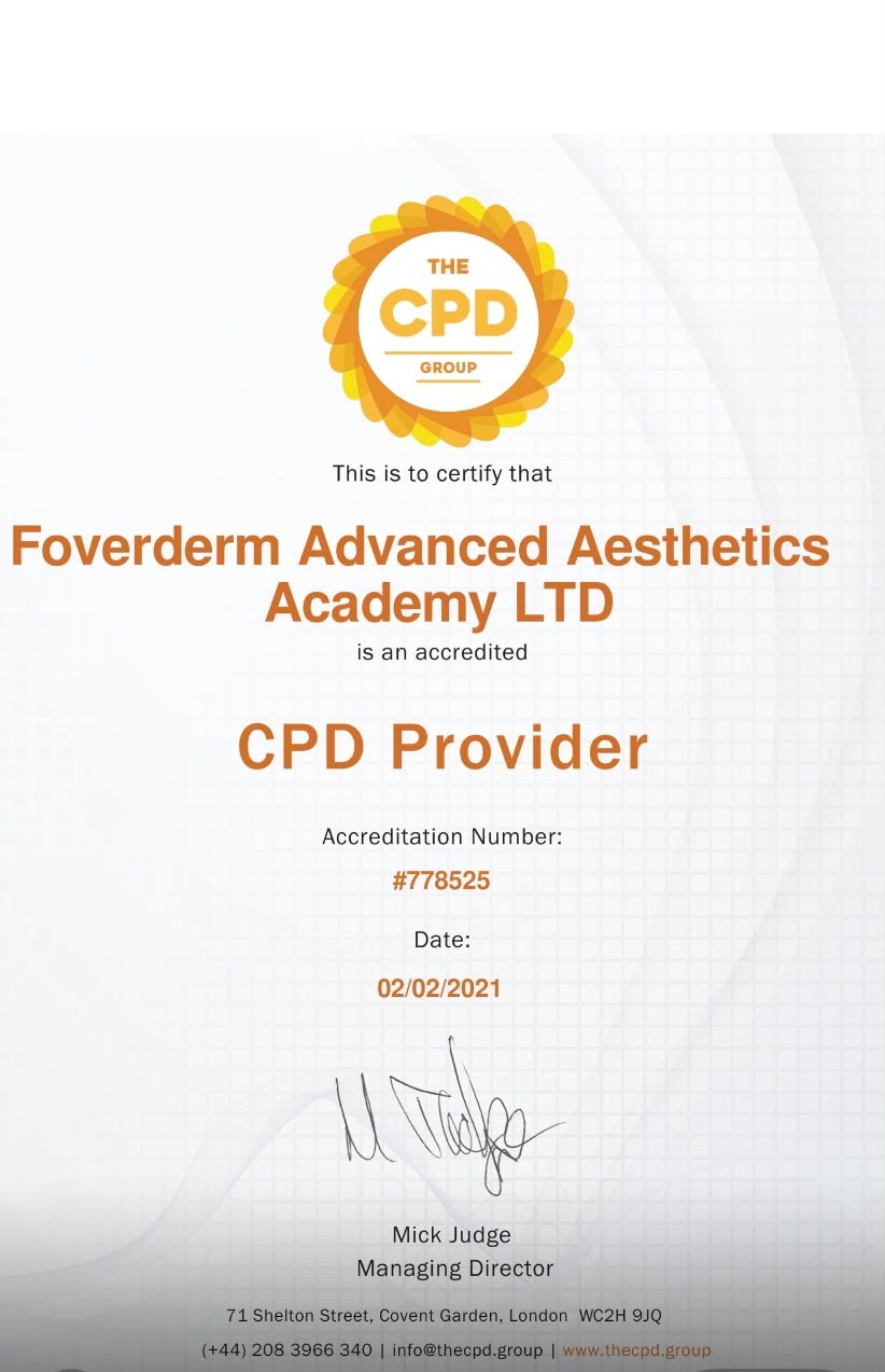 The CPD Group certificate confirming Foreverderm Advanced Aesthetics Academy LTD as an accredited CPD Provider
