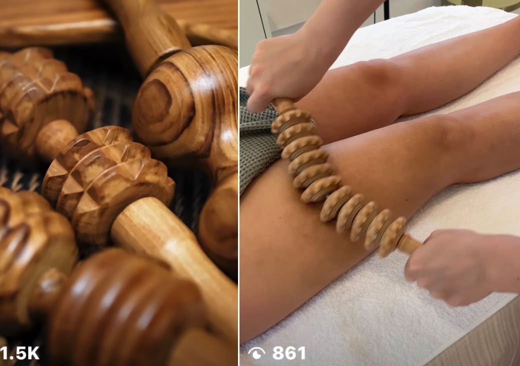 Wooden maderowood therapy tools and a wooden roller being used along the legs during body sculpting at Precious Moments Beauty Clinic, Banstead