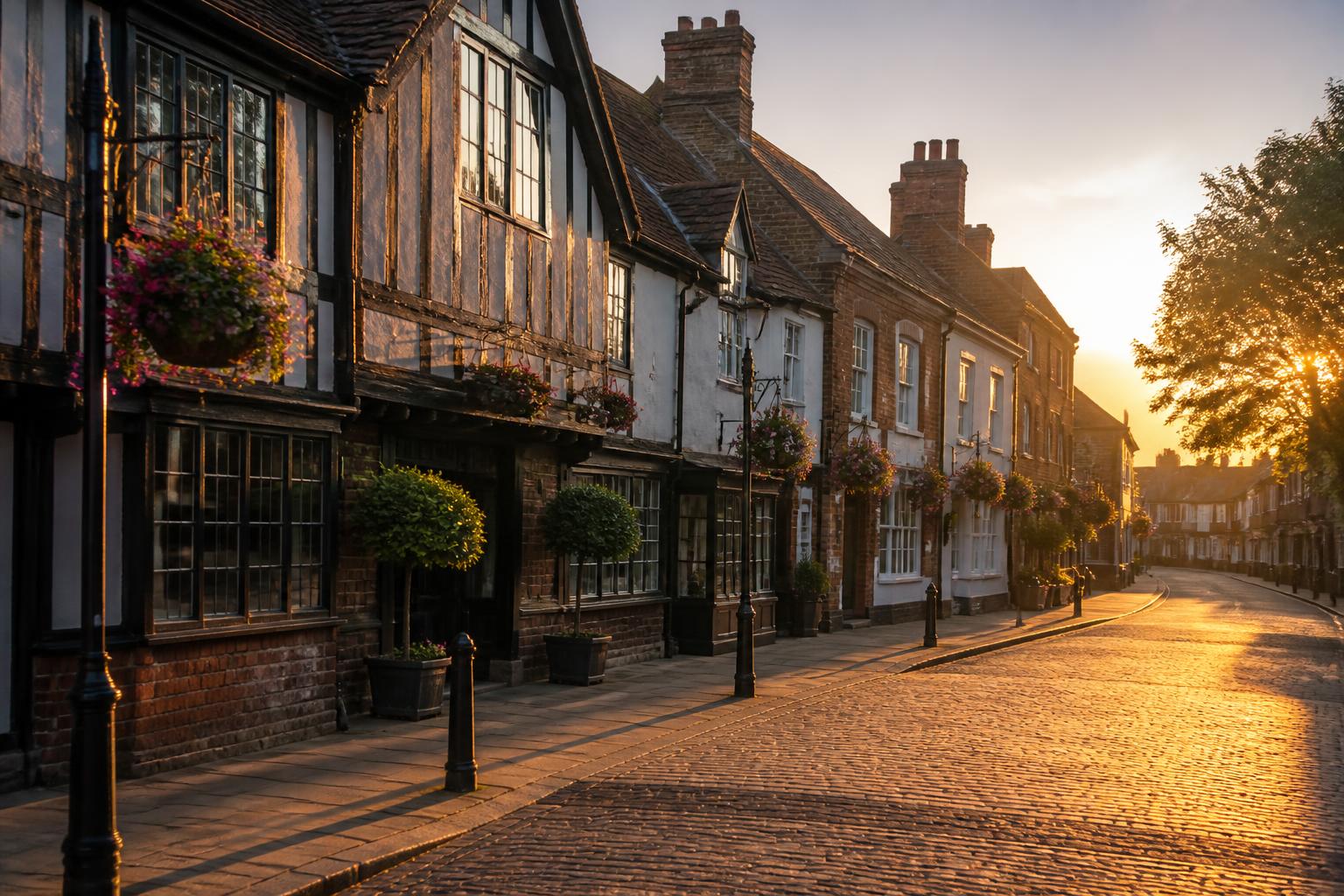 Banstead village high street in Surrey, traditional mock-Tudor and Victorian shopfronts at golden hour