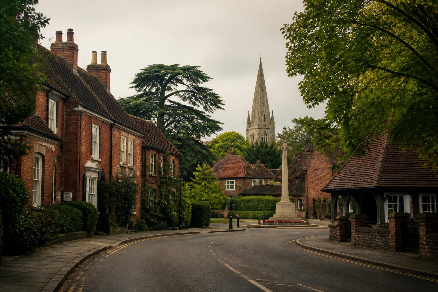 Cheam village Surrey, historic red-brick high street with a war memorial and Norman church spire