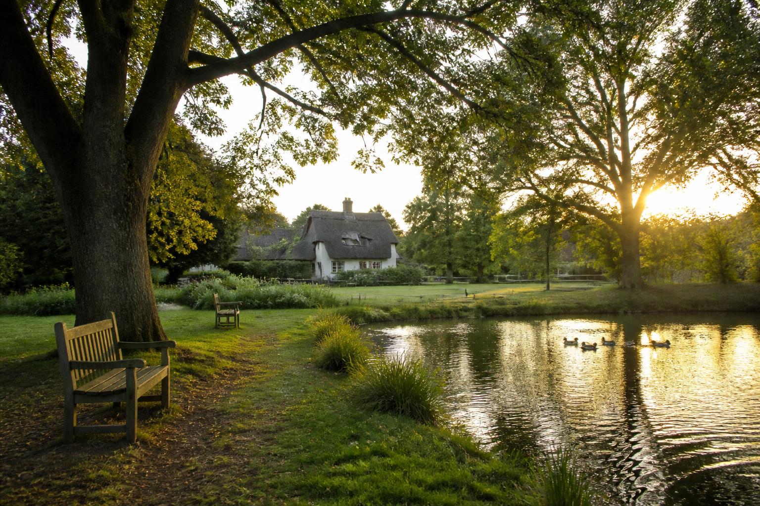 Chipstead village Surrey, village pond with a thatched cottage, oak trees and wooden benches at golden hour