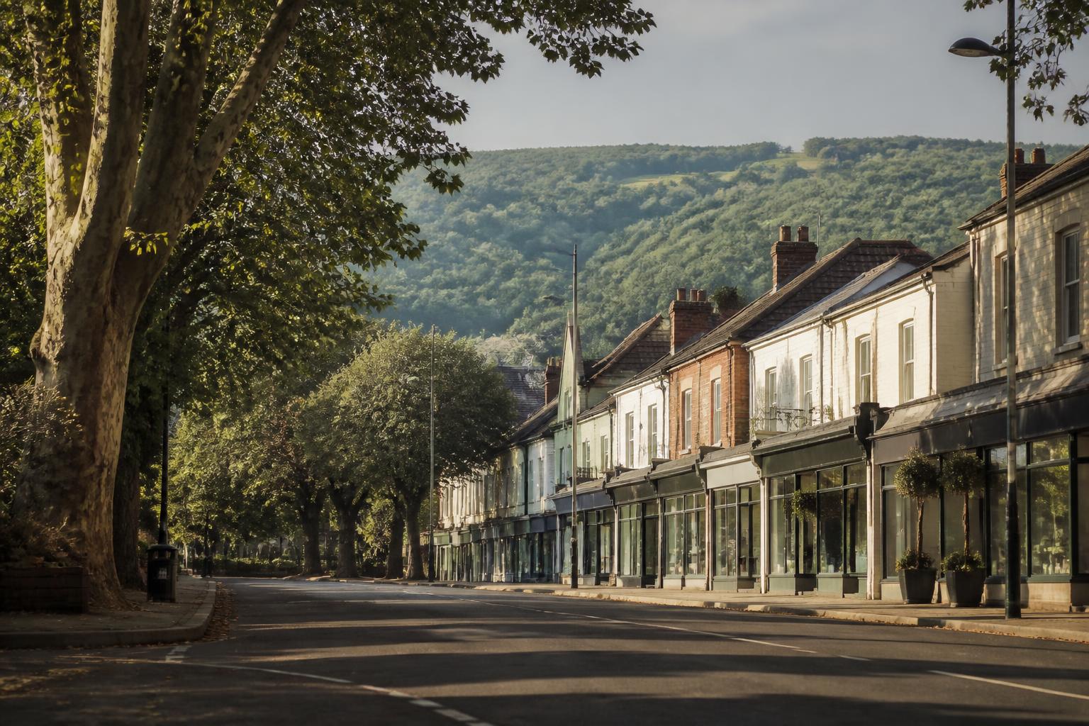 Coulsdon Surrey, leafy suburban parade of shops with the wooded North Downs rising behind