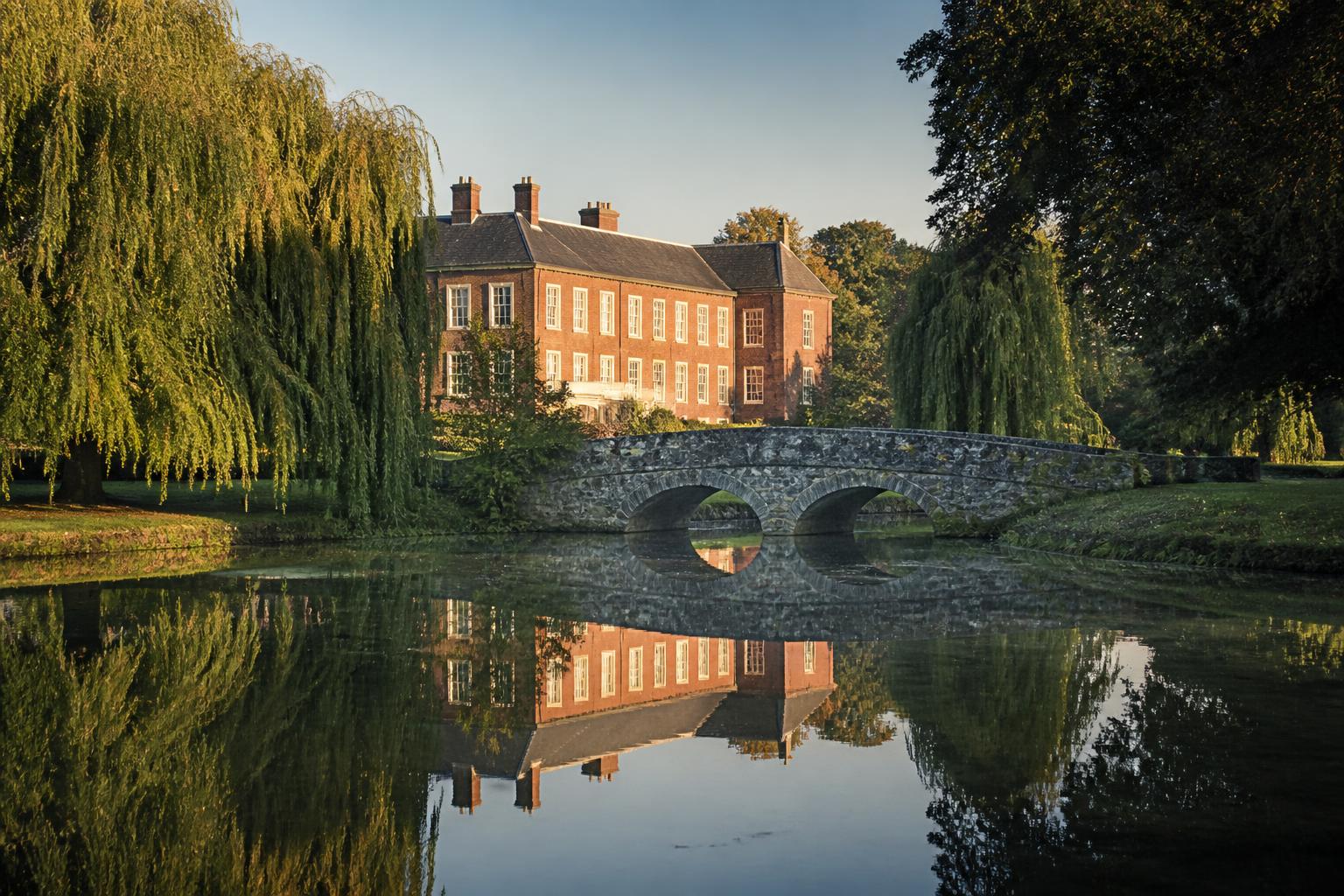 Ewell Surrey, Bourne Hall lake, weeping willows, an old stone bridge and Georgian brick building