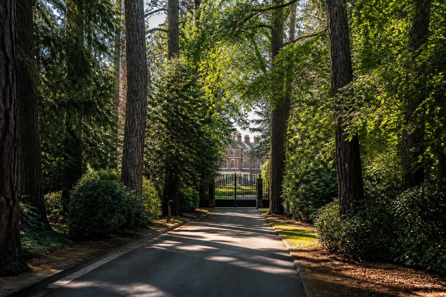 Kingswood Surrey, private woodland lane through tall Scots pines with a red-brick country mansion beyond