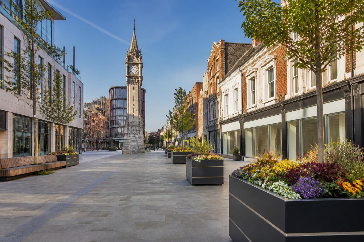 Sutton town centre, modern pedestrianised high street with a Victorian clock tower and Georgian brick shopfronts