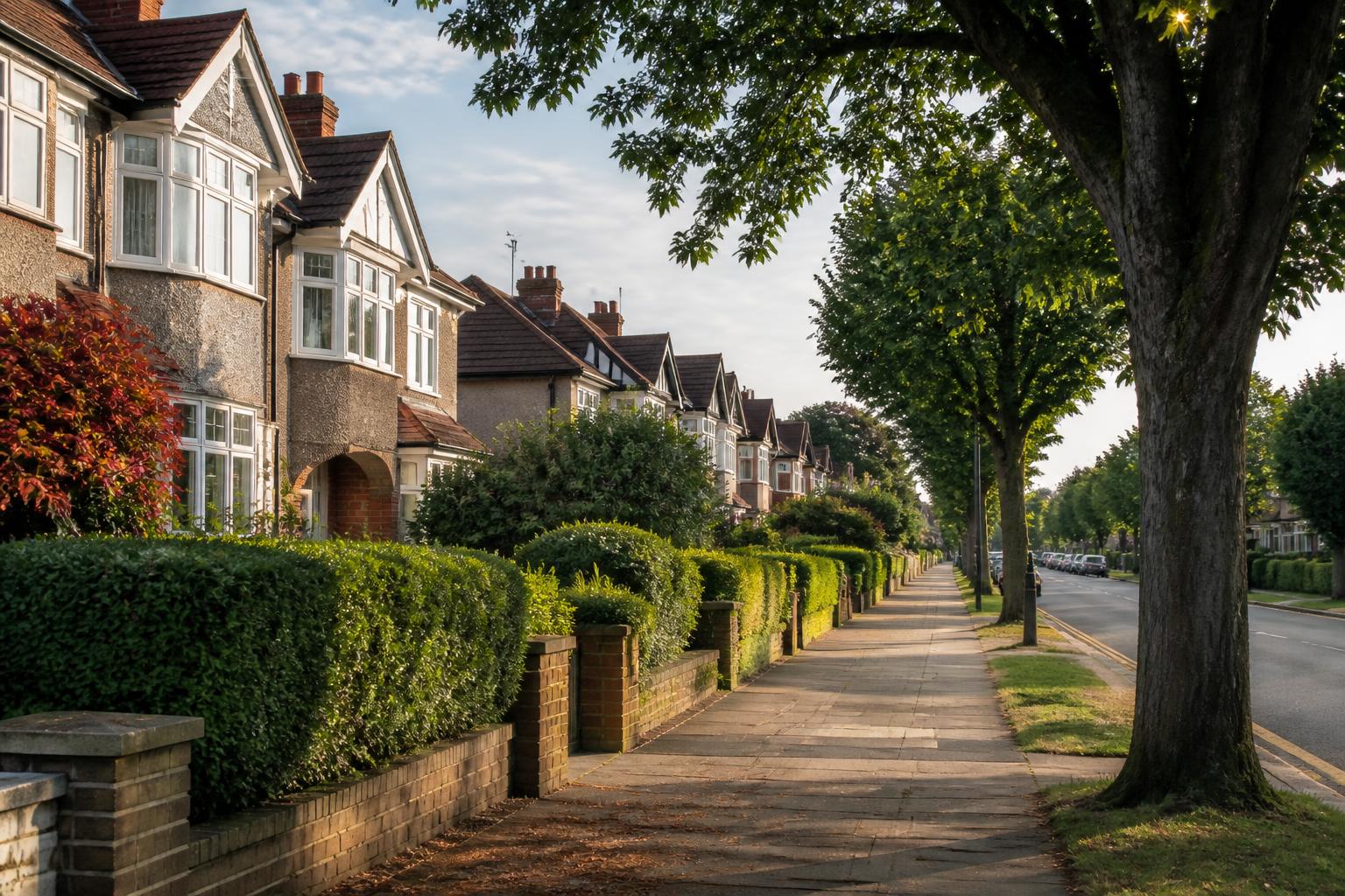 Tattenham Corner Surrey, leafy residential street lined with 1930s semi-detached houses