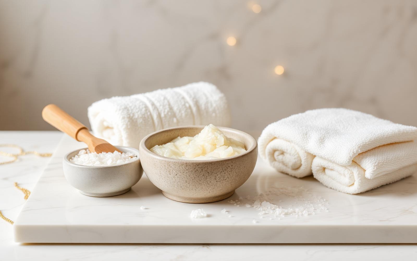 Body scrub in a stone bowl with sea salt, dry brush and rolled cream towels on marble, body treatments and tanning in Banstead