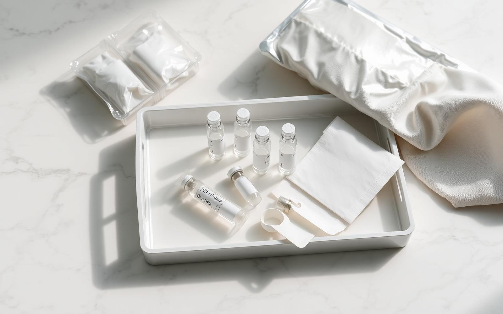 Sterile clinical tray with sealed single-use packaging and unlabelled glass vials on white marble, cosmetic injectables consultation in Banstead