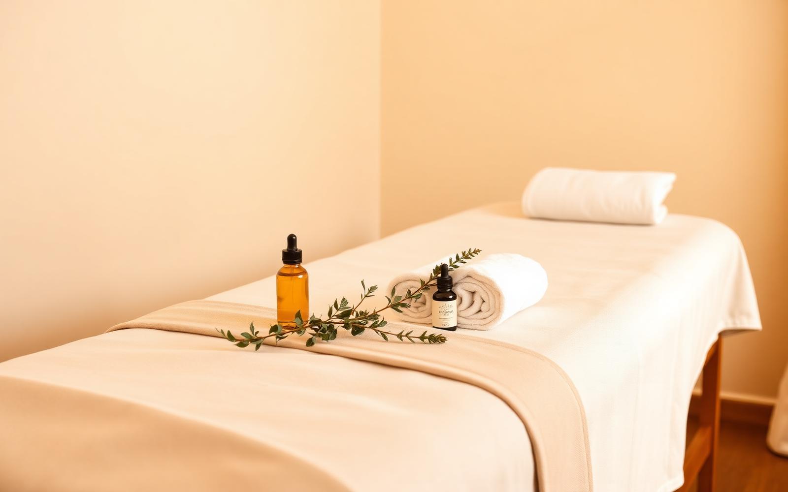 Massage couch dressed in cream linen with rolled towels and massage oils in a calm treatment room, Precious Moments Beauty Clinic, Banstead