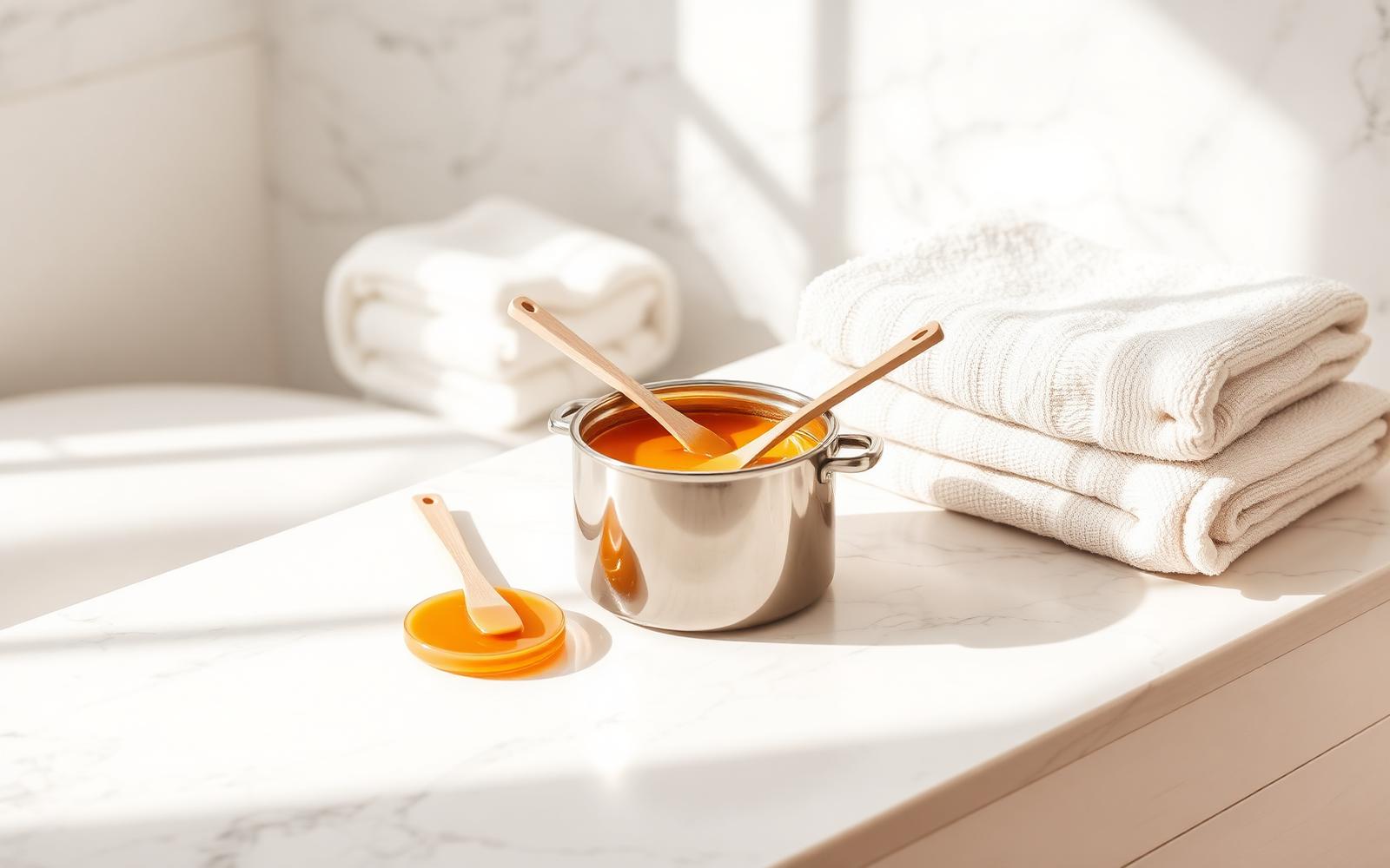 Professional hot wax pot with wooden spatulas and folded cream towels on white marble, waxing at Precious Moments Beauty Clinic, Banstead
